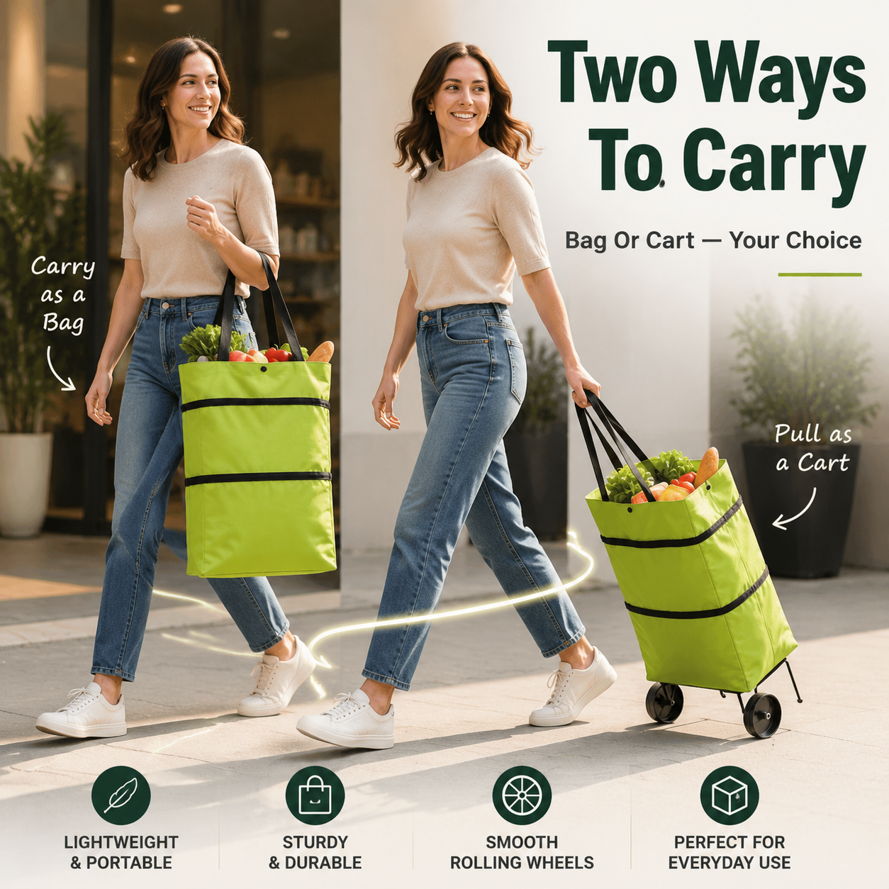 🛒 Foldable 2-in-1 Rolling Shopping Cart Bag