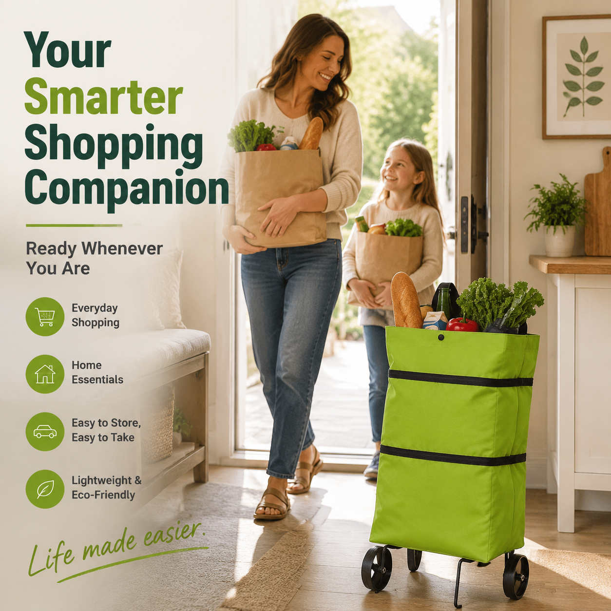 🛒 Foldable 2-in-1 Rolling Shopping Cart Bag