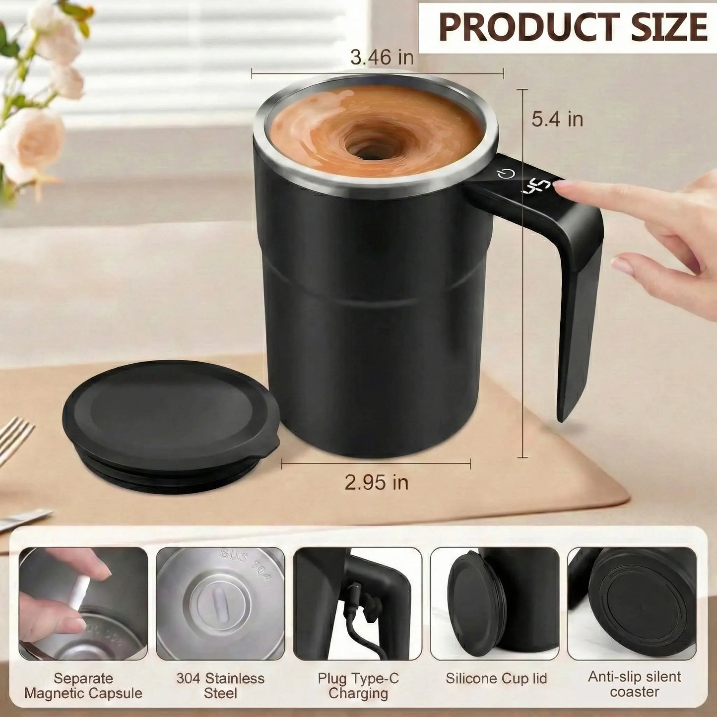 Rechargeable Magnetic Automatic Self‑Stirring Mug with Temperature Display