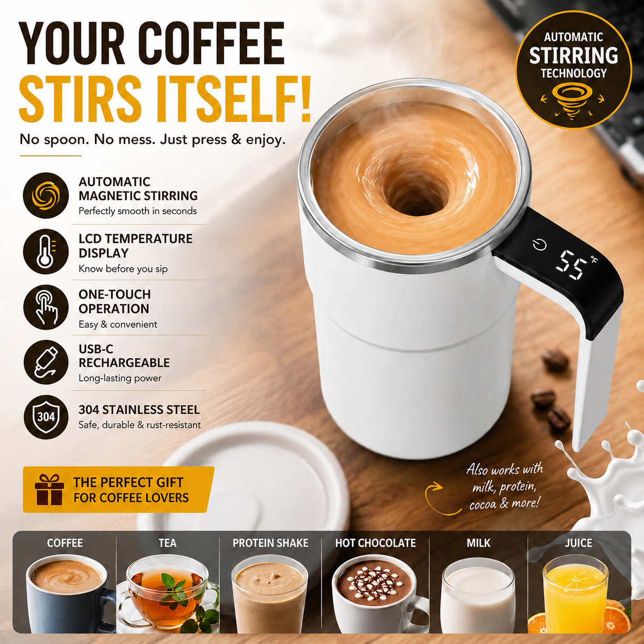 Rechargeable Magnetic Automatic Self‑Stirring Mug with Temperature Display