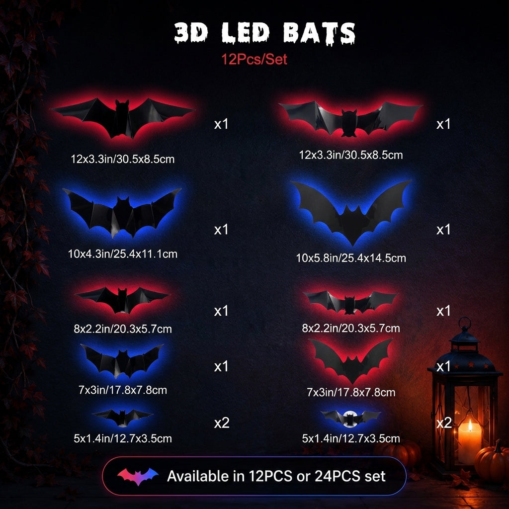 🦇 3D Bat Light Set – Spooky Wall Decor, Easy Stick