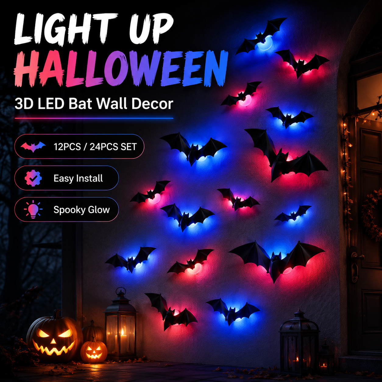 🦇Halloween 3D Bat & Spider LED Wall Light Decor🎃💡