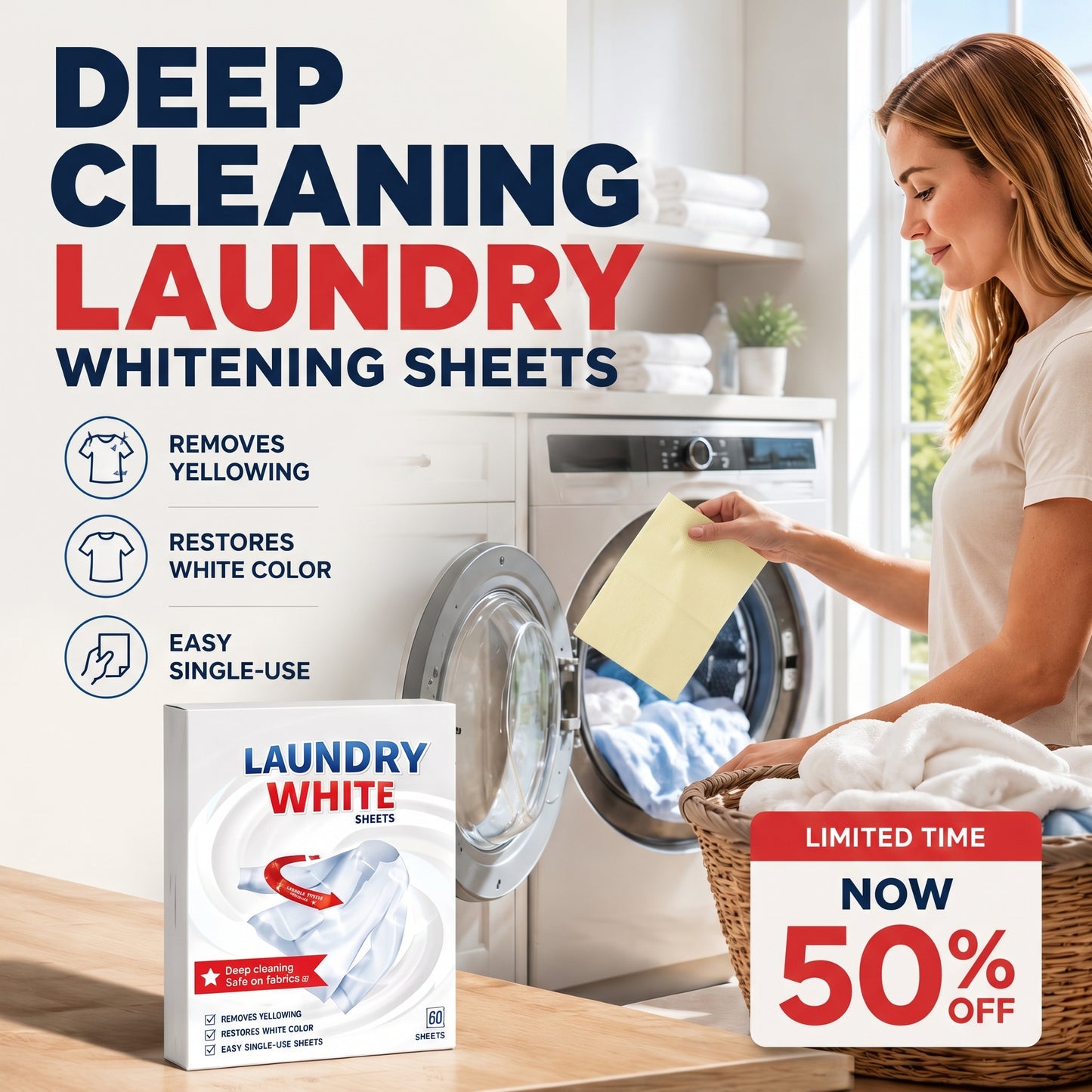 🤍 Laundry Whitening Sheets for White Clothes – Deep Stain & Yellowing Remover, Easy Toss-and-Wash Laundry Booster ✨