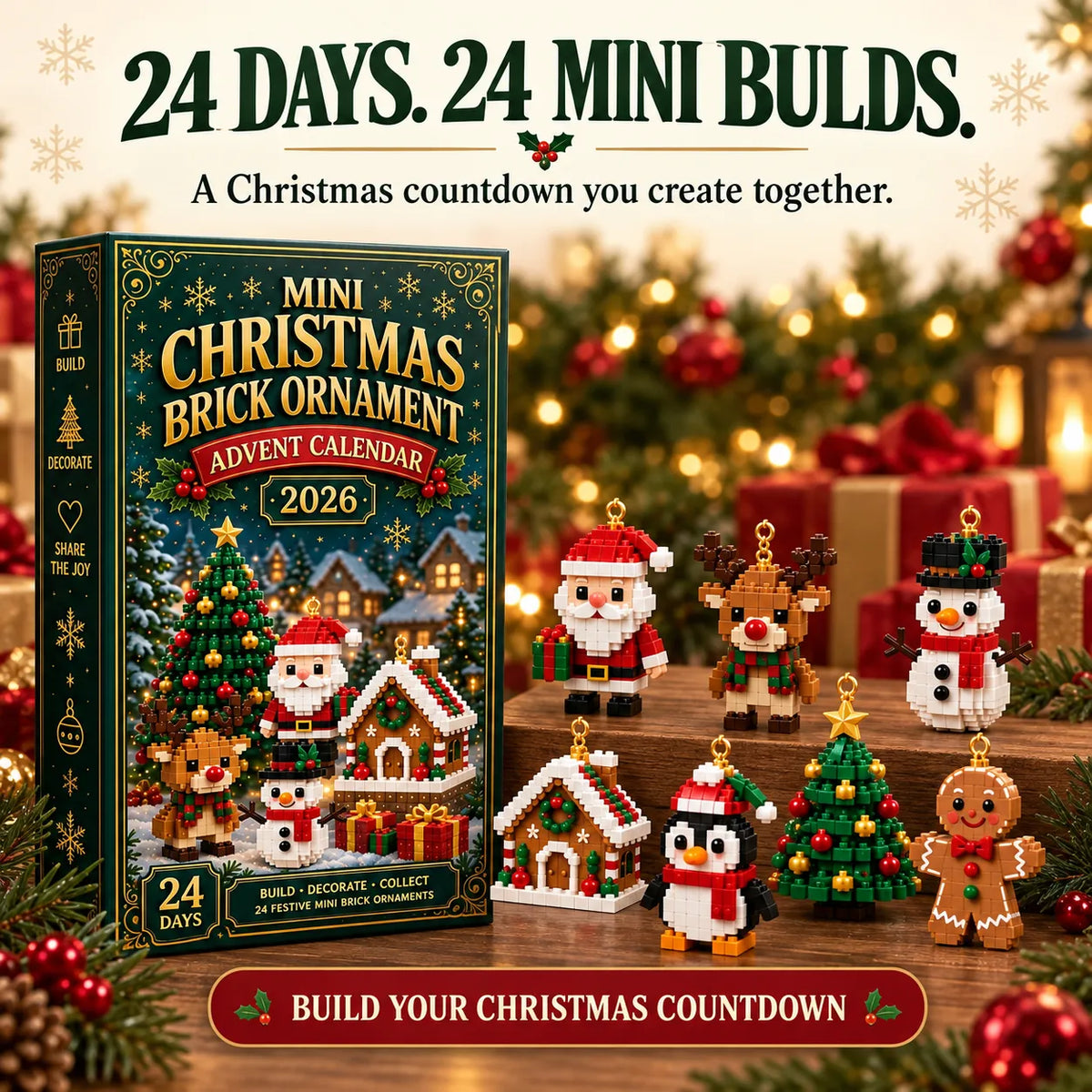 ⏳ Last Day 50% OFF – 🎄24-Day Mini Christmas Brick Ornament Advent Calendar | 24 Unique Buildable Holiday Ornaments to Create, Hang & Keep 🧱