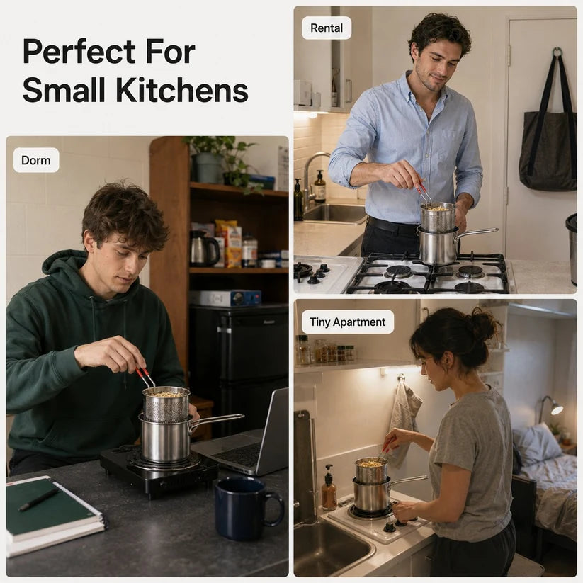 🍟 Personal Mini Deep Fryer Set – Stainless Steel Pot with Lift-Out Draining Basket & Food Tongs