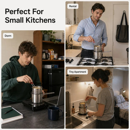 🍟 Personal Mini Deep Fryer Set – Stainless Steel Pot with Lift-Out Draining Basket & Food Tongs