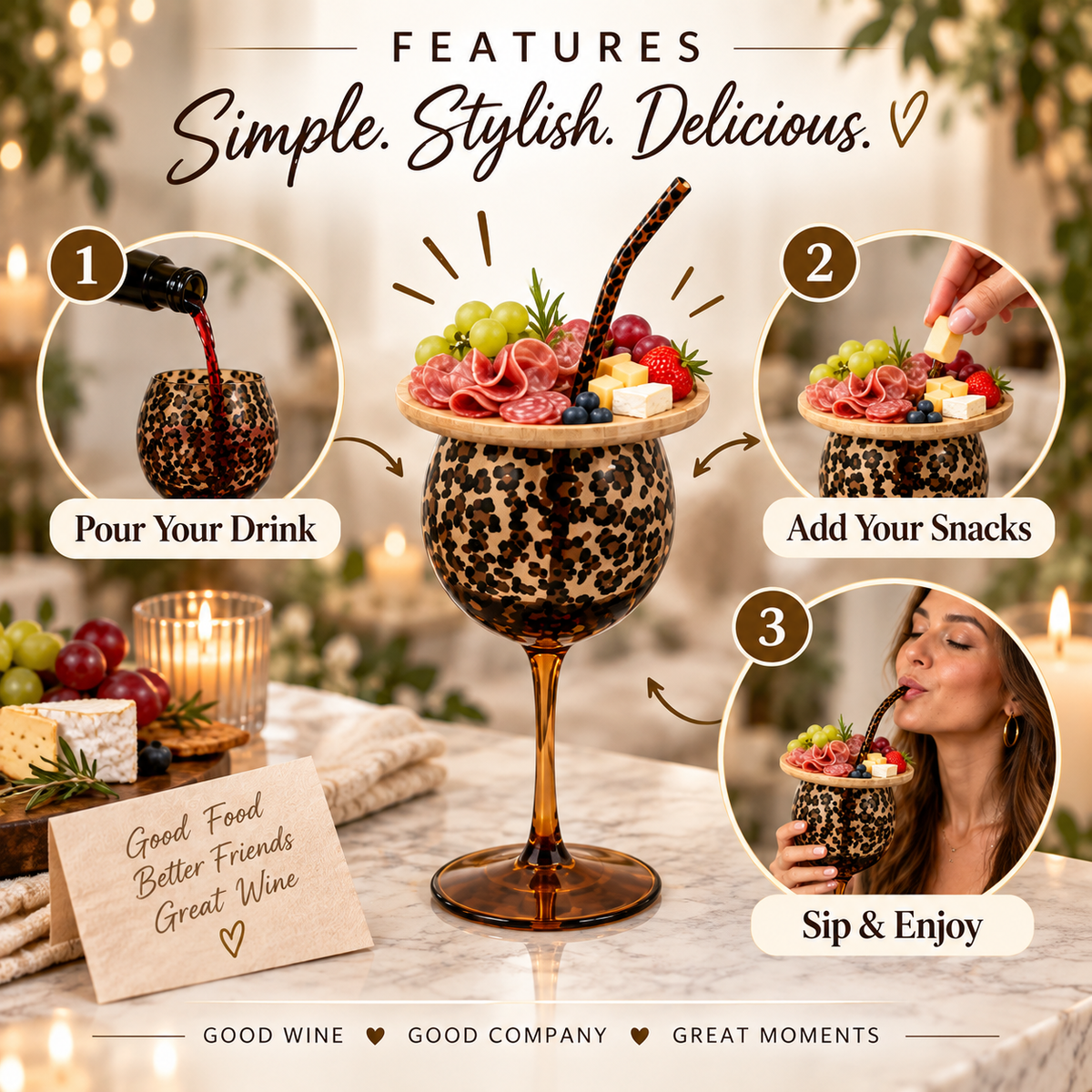 Leopard Print Wine Glass & Snack Charcuterie Set